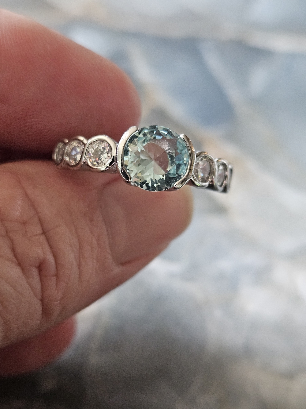 Sterling Silver Aquamarine Ring with Clear Accent Stones